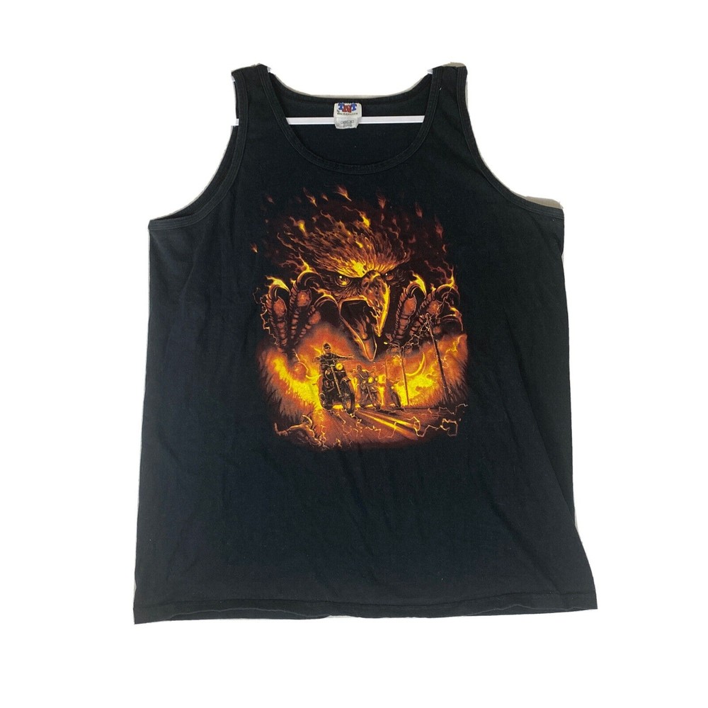 Vintage Y2K Motorcycle Men's XL Tank Top Shirt Biker Tee Flaming Eagle Print EUC
